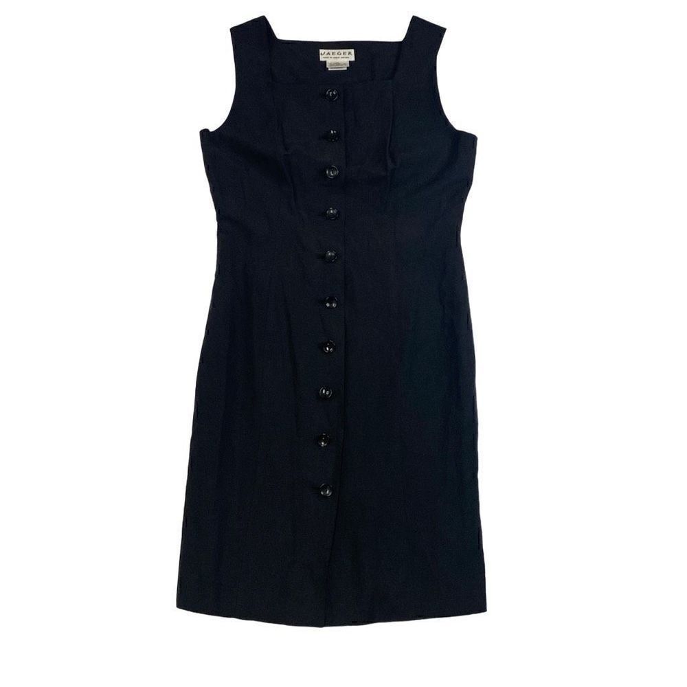 Jaeger Sheath Dress Silk Linen Square Neck Black Sleeveless Button Front Size 10